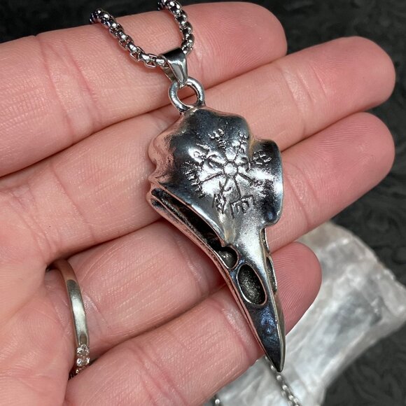 Viking Noridc Raven Skull With Vegvisir Compass Necklace Pendant - Picture 5 of 8